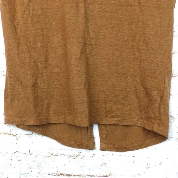 Tahari Top Women M Caramel Brown 100% Linen Tee Cap Sleeve Button Back Split Hem - Picture 4 of 9